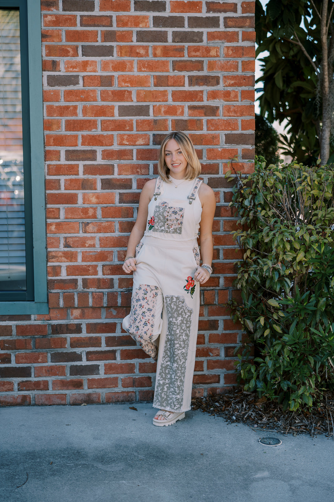 Floral patchwork embroidery overall