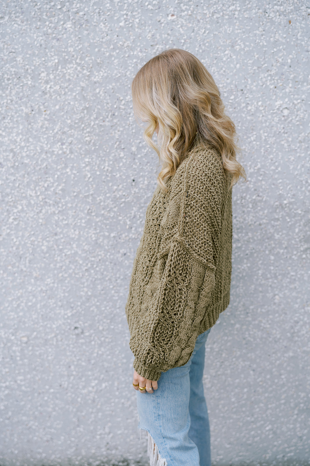 Mock neck balloon sleeve cable knit sweater