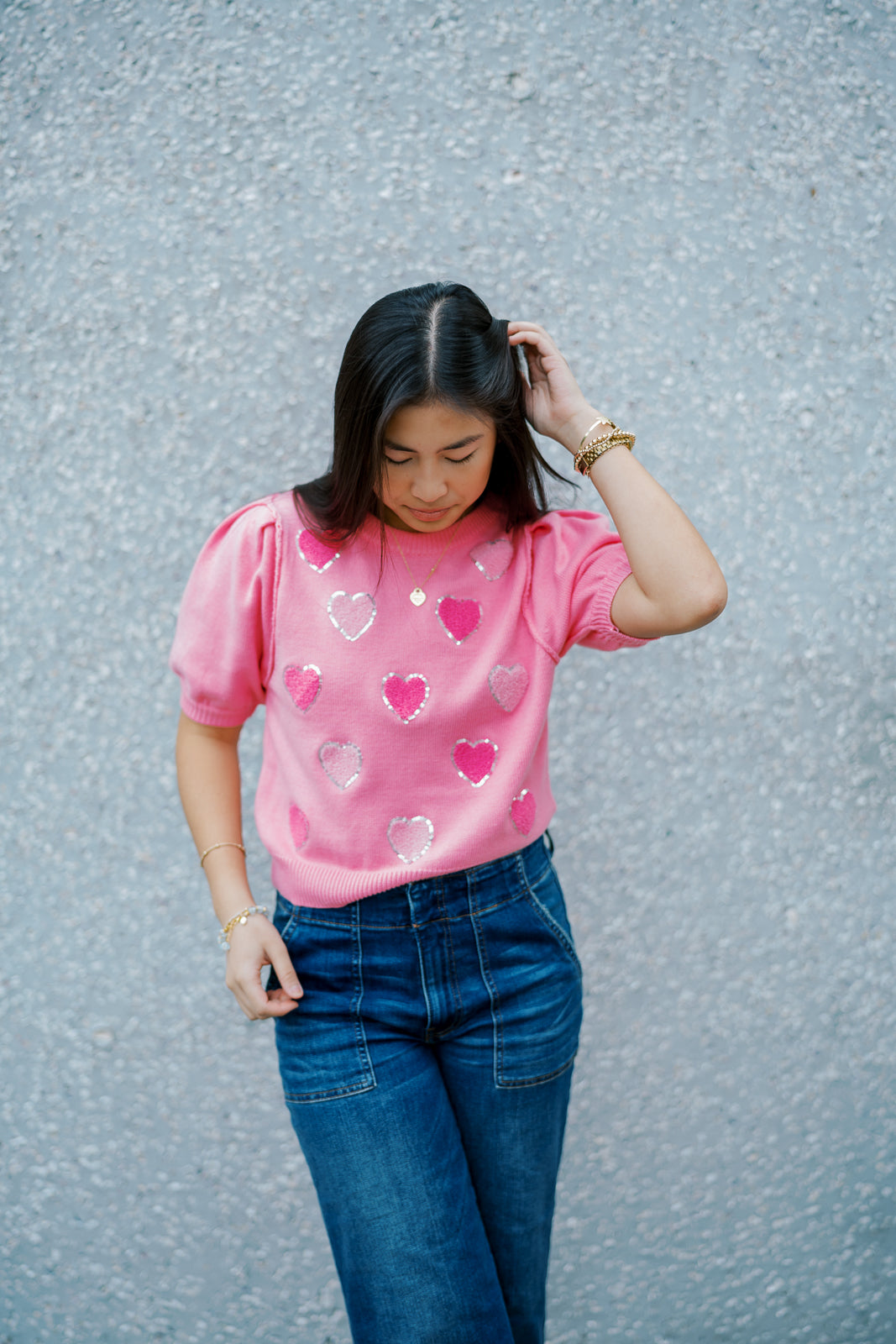 Sequined Heart Puff Sleeve Top